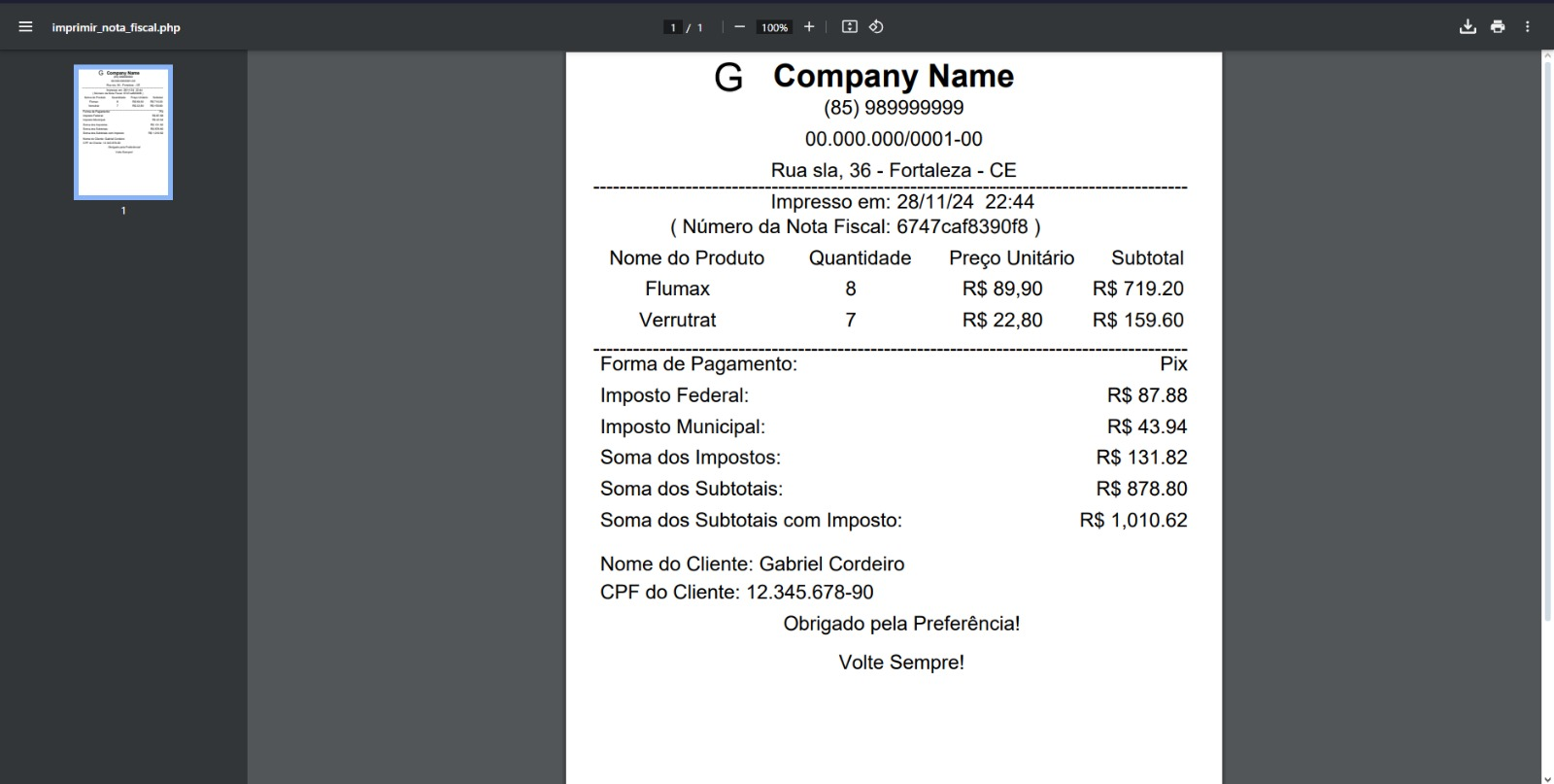 Nota Fiscal Gerada
