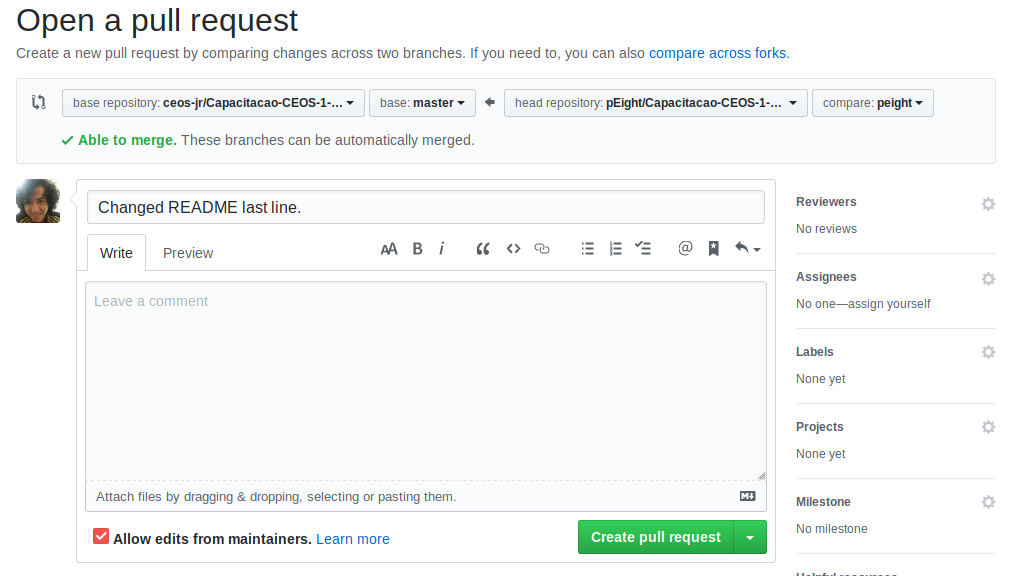 Página de seleção de branch para pull request no github