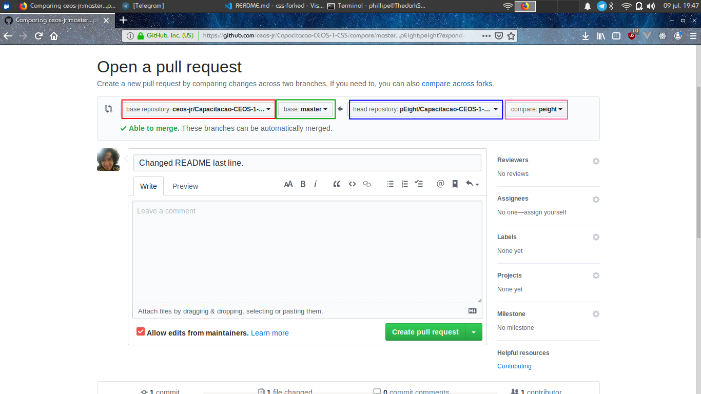 Página de seleção de branch para pull request no github com retângulos