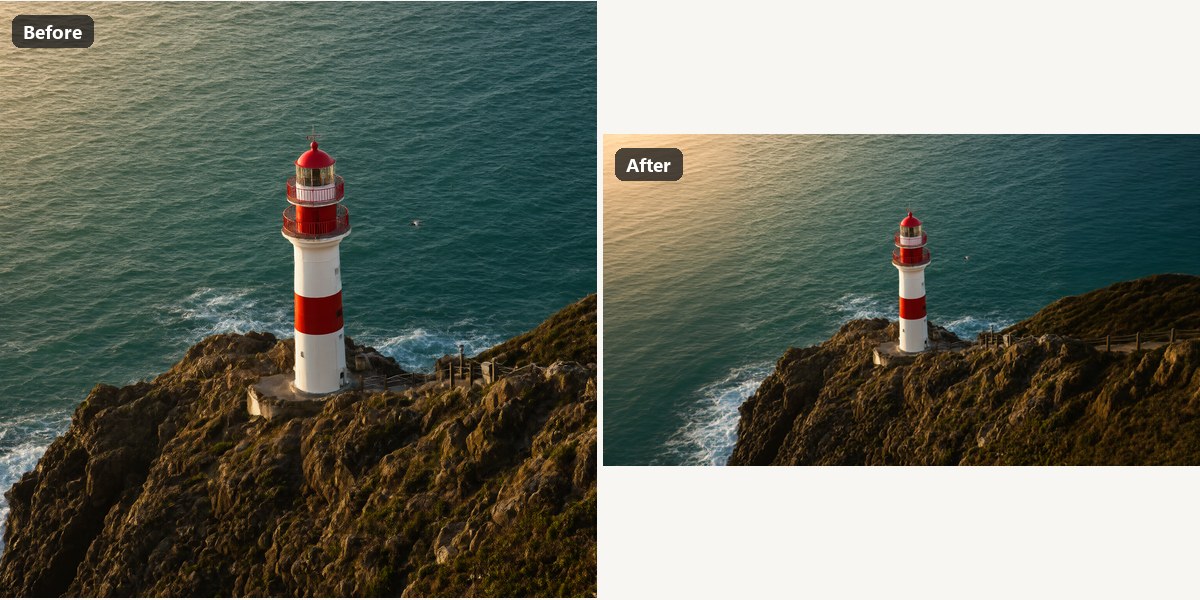 A square lighthouse photo expanded to a panorama