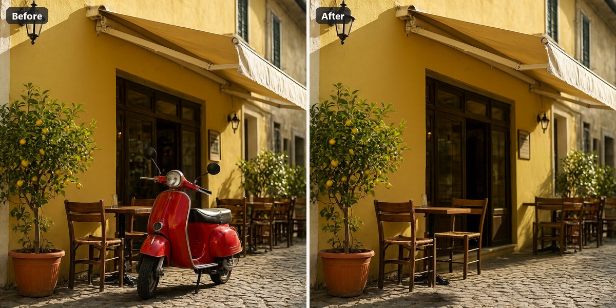 A red scooter removed from a café street