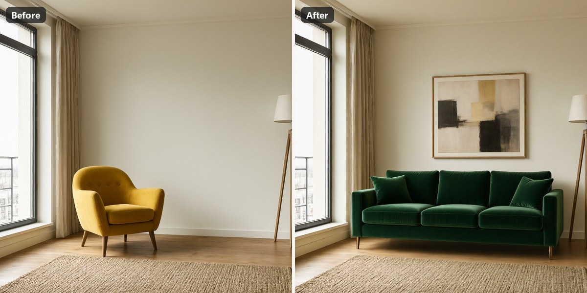 An armchair replaced by a green sofa