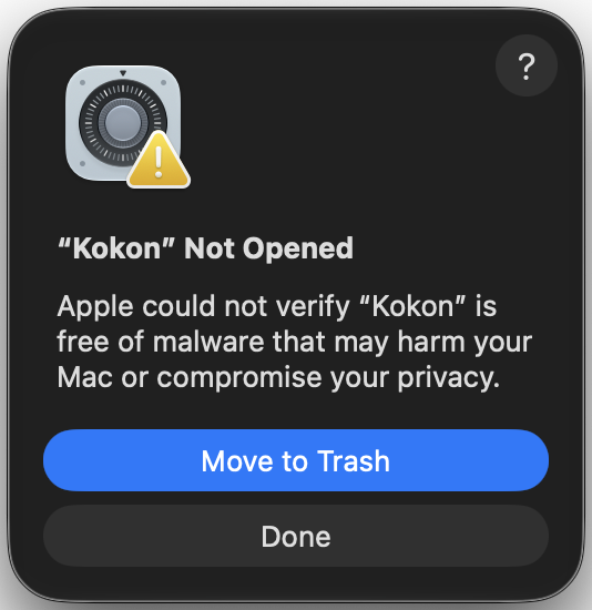 The macOS dialog “Kokon” Not Opened, with the buttons Move to Trash and Done