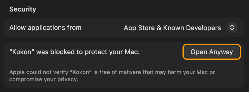 System Settings, Privacy and Security: “Kokon” was blocked to protect your Mac, with the Open Anyway button highlighted