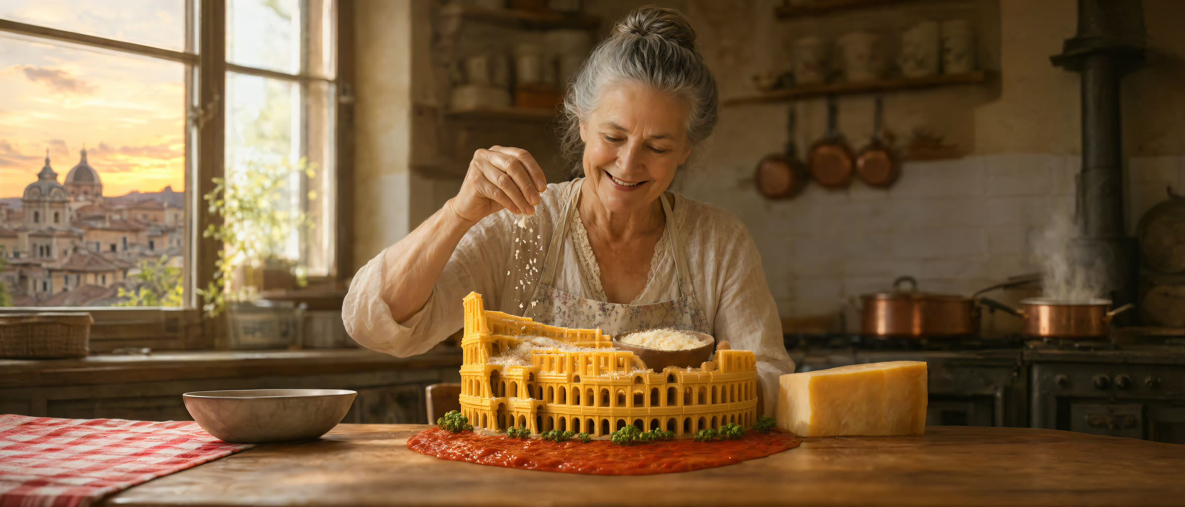 A grandmother sprinkles parmesan over a miniature Colosseum made of pasta, standing on a tomato sauce river on her kitchen table, with Rome's rooftops at sunset through the window