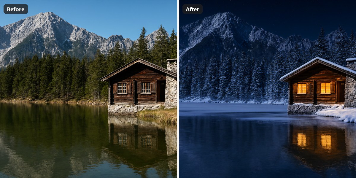 A summer lake cabin turned into a snowy night