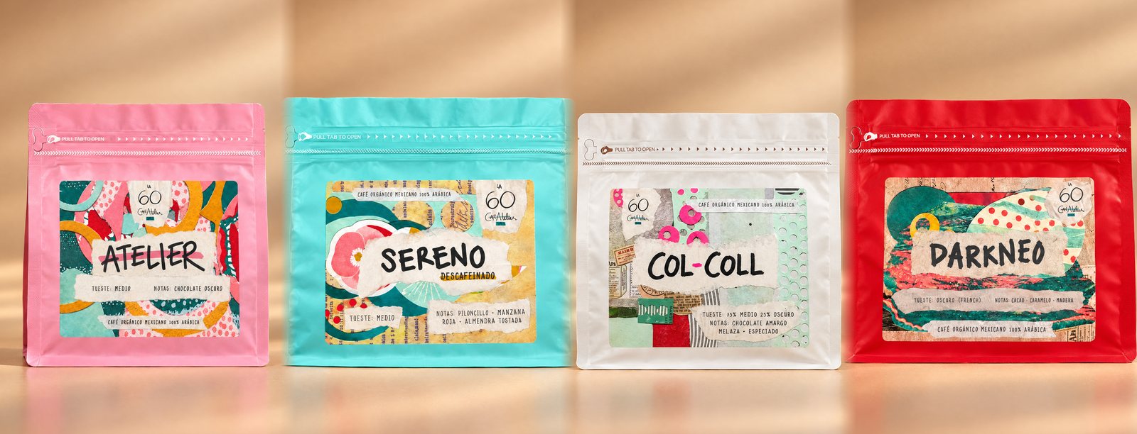 Las cuatro bolsas de 250 g de LA 60 en fila: Atelier en rosa, Sereno en turquesa, Col-Coll en blanco y Darkneo en rojo
