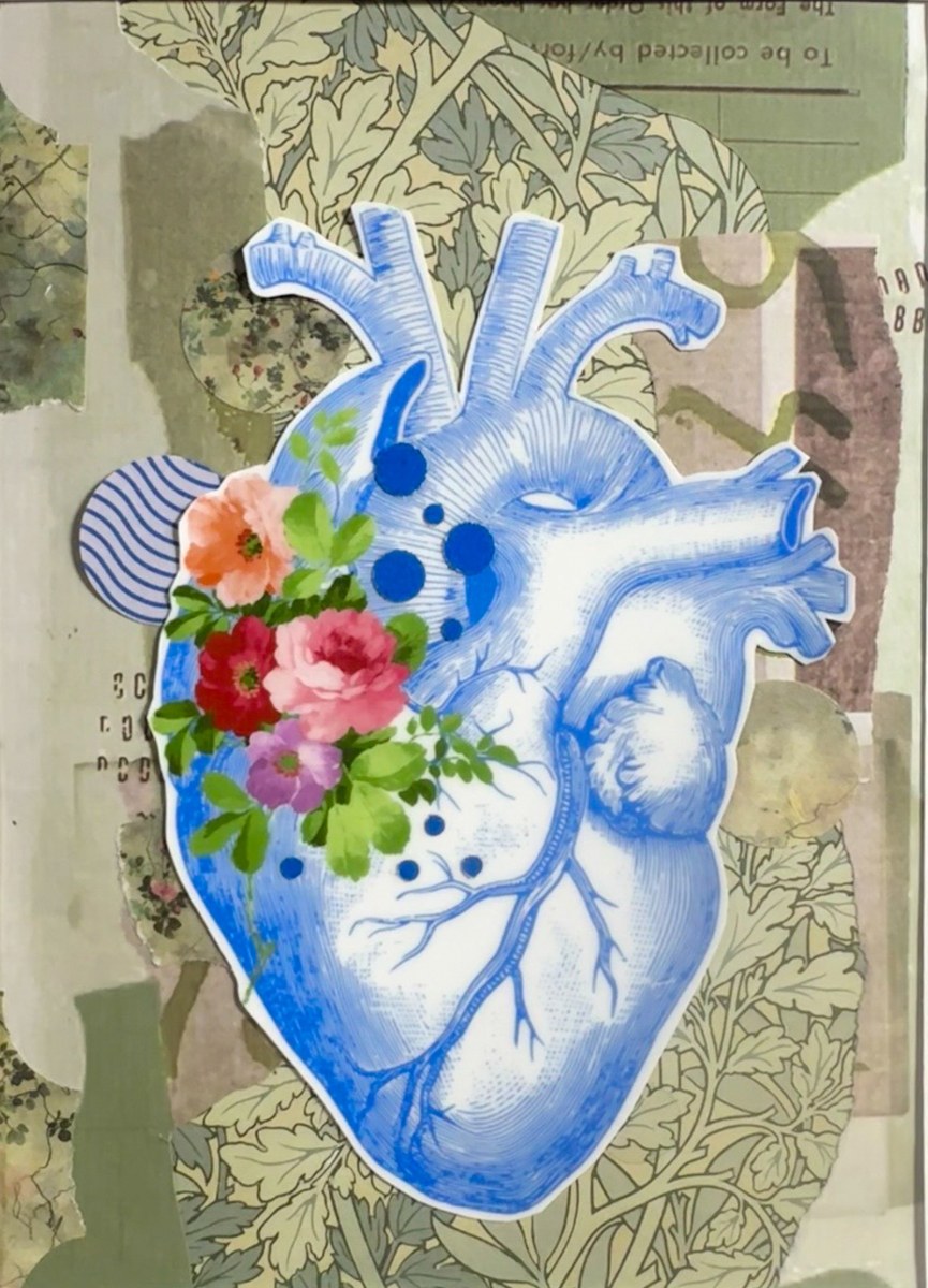Collage de la serie Anatomías: un corazón anatómico azul con flores