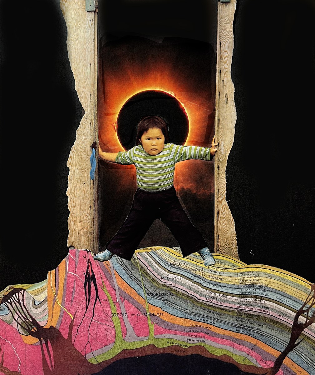 Collage de la serie Eclipses: figura frente a un disco negro con corona de luz