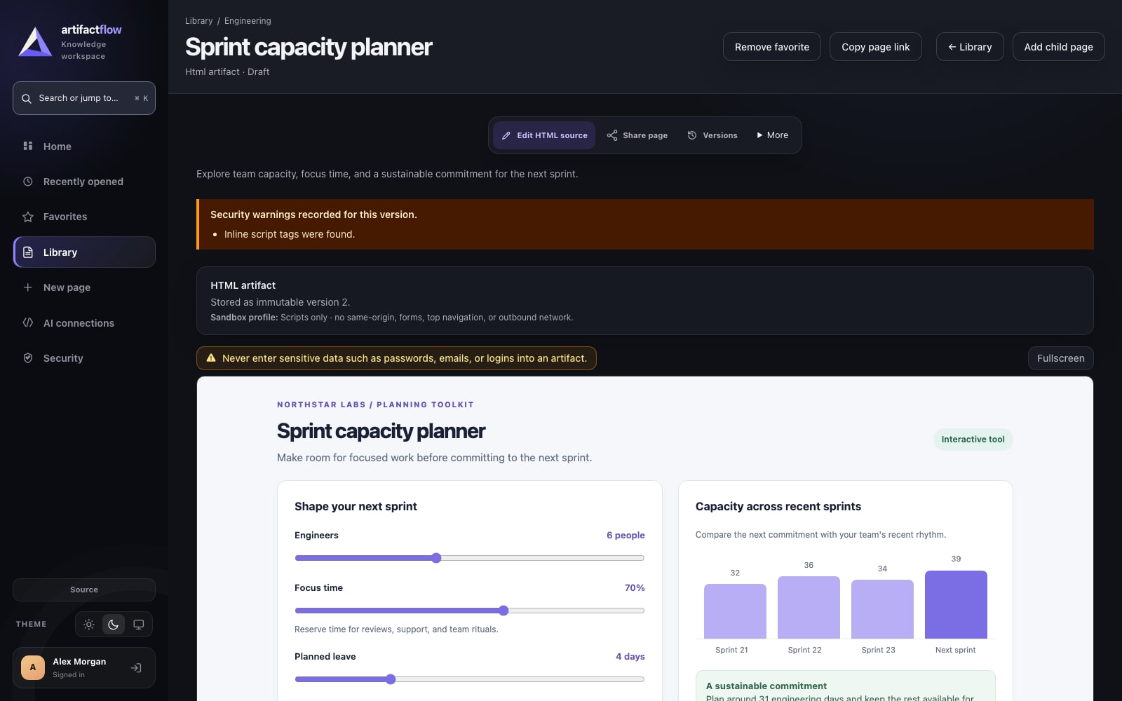 Northstar Labs sprint capacity planner running in ArtifactFlow