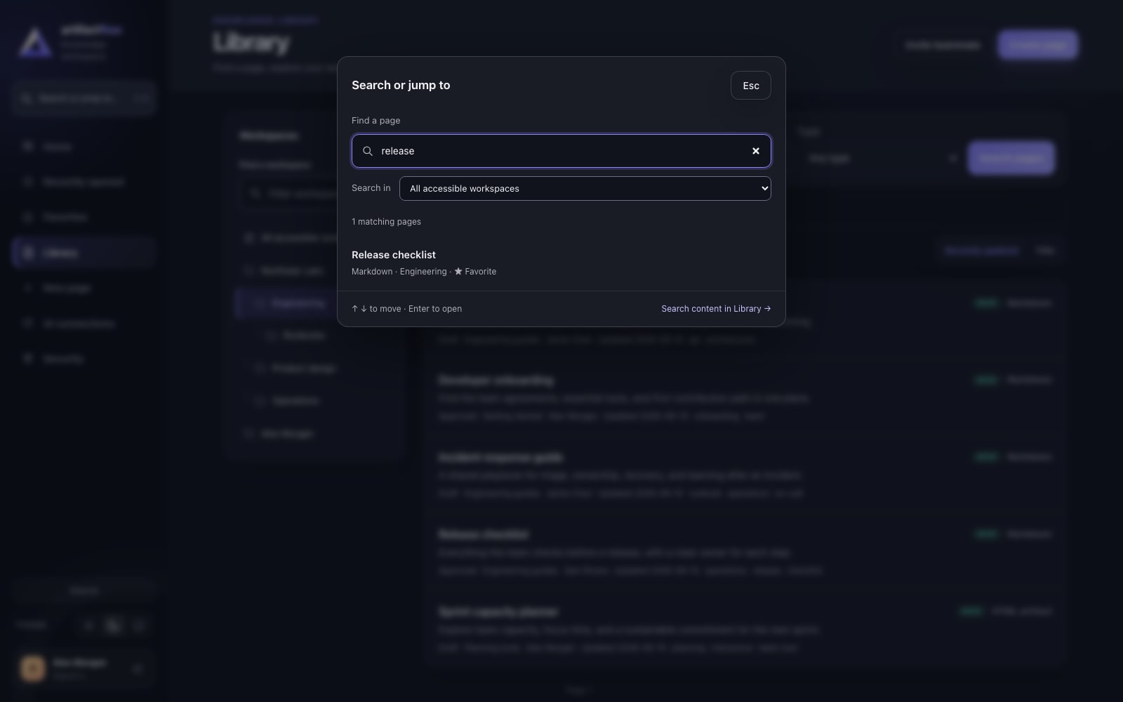 ArtifactFlow quick search finding the fictional team's release checklist