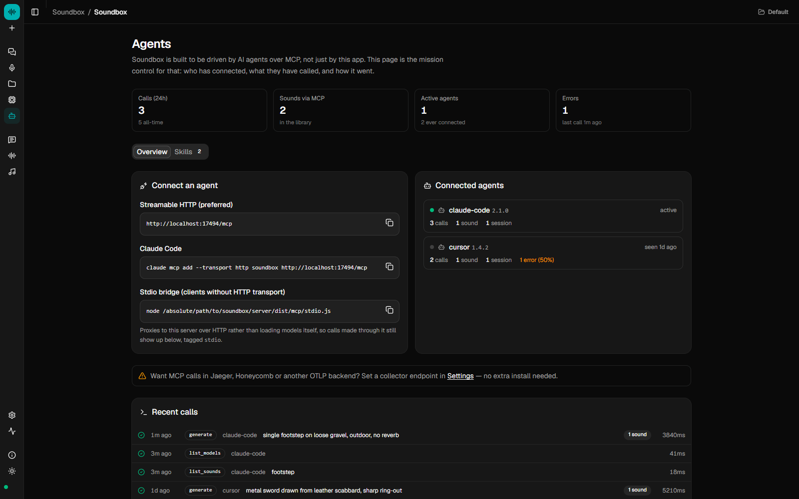 The Agents page: connected MCP clients, copy-paste connection commands, and a log of recent calls with tool, client, prompt, duration and sounds produced