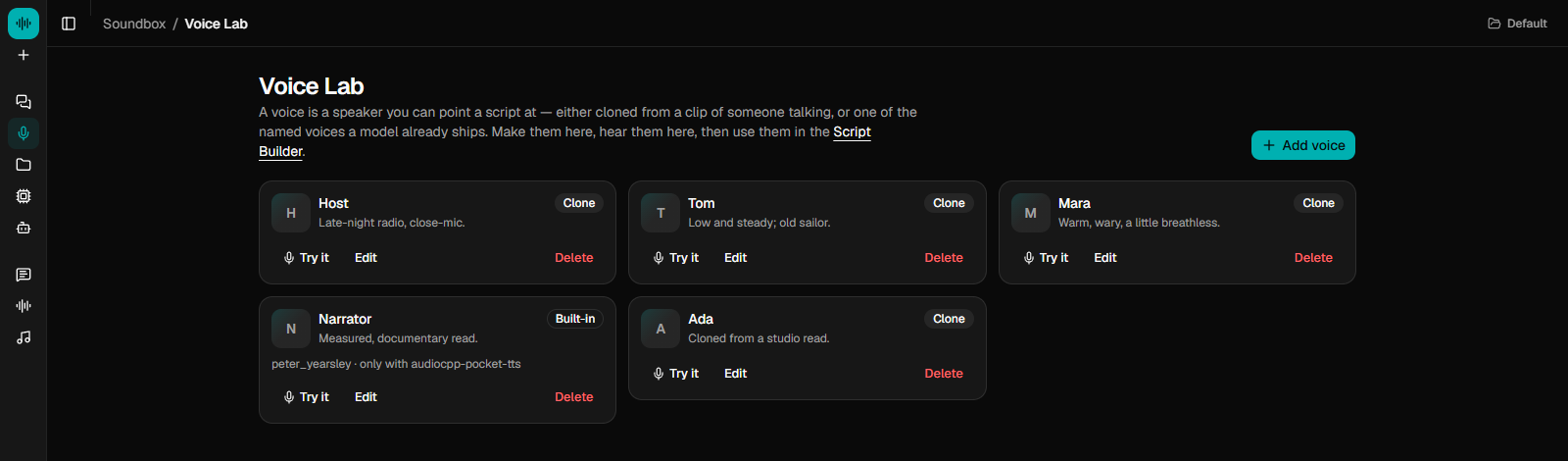 The Voice Lab: saved voices as cards, cloned from a clip or built into a model