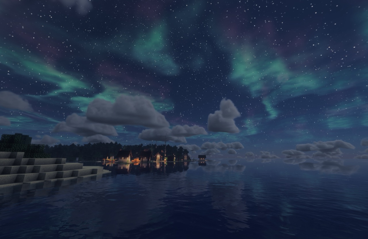 Aurora and stars over the lake
