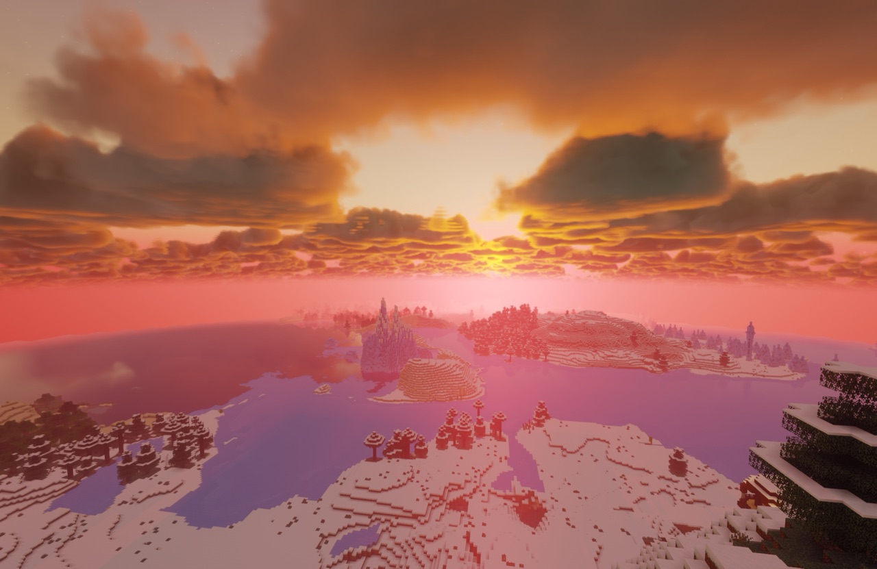Red sunset over a snowy taiga