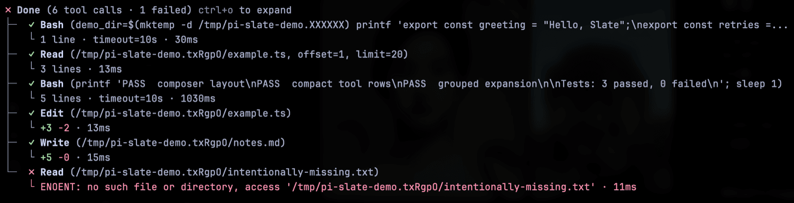 Slate Claude Code-style tool transcript with grouped calls, edit counts, and an intentional demo failure