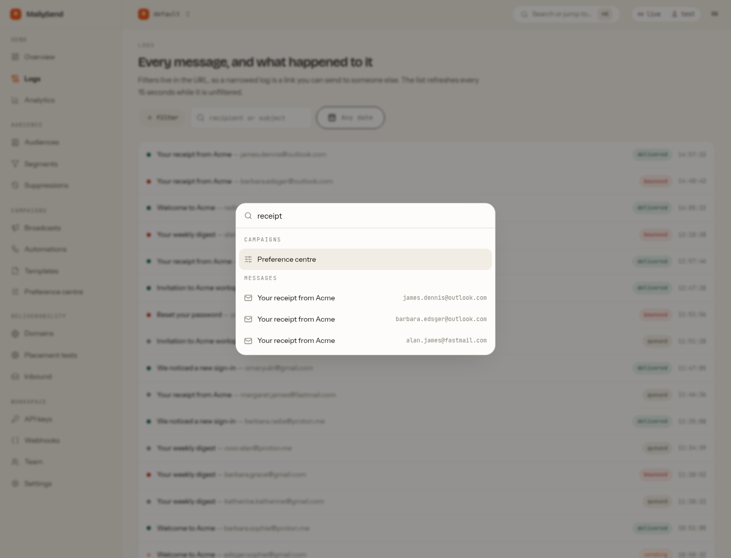 Command palette searching messages by subject