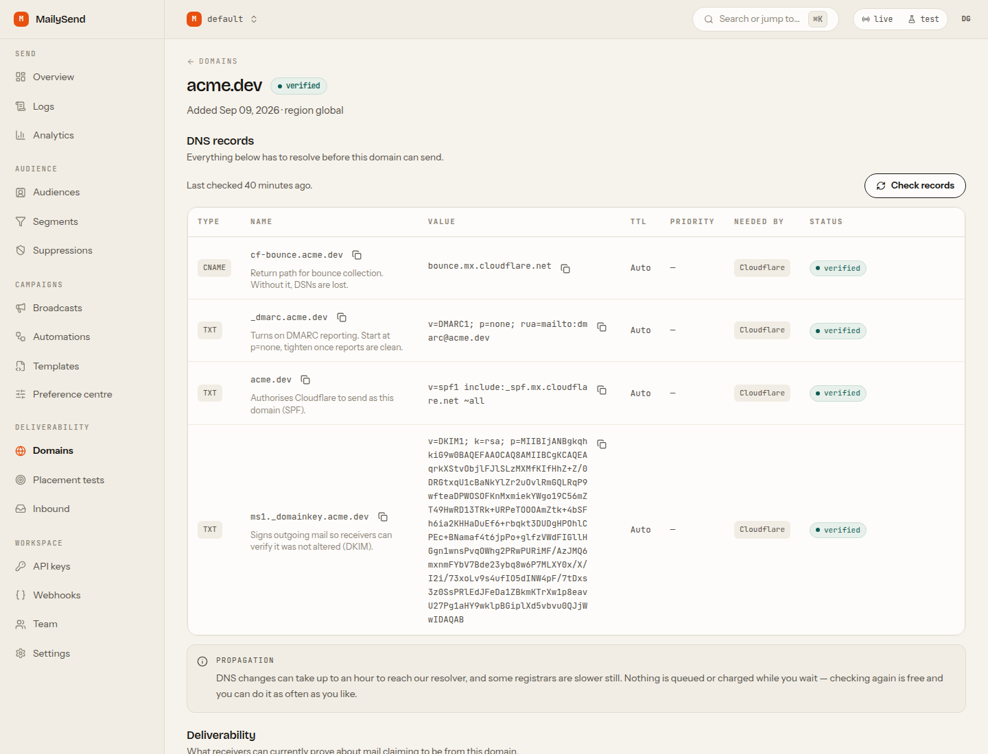 Domain detail with DNS records and deliverability