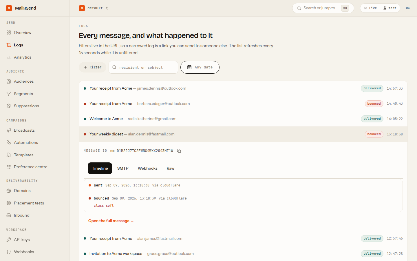 Log drawer showing the state timeline, SMTP transcript and webhook attempts