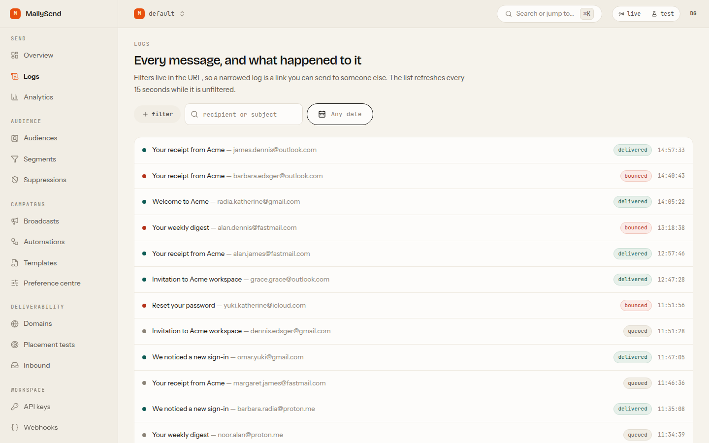 Message log with delivered, bounced, queued and sending rows