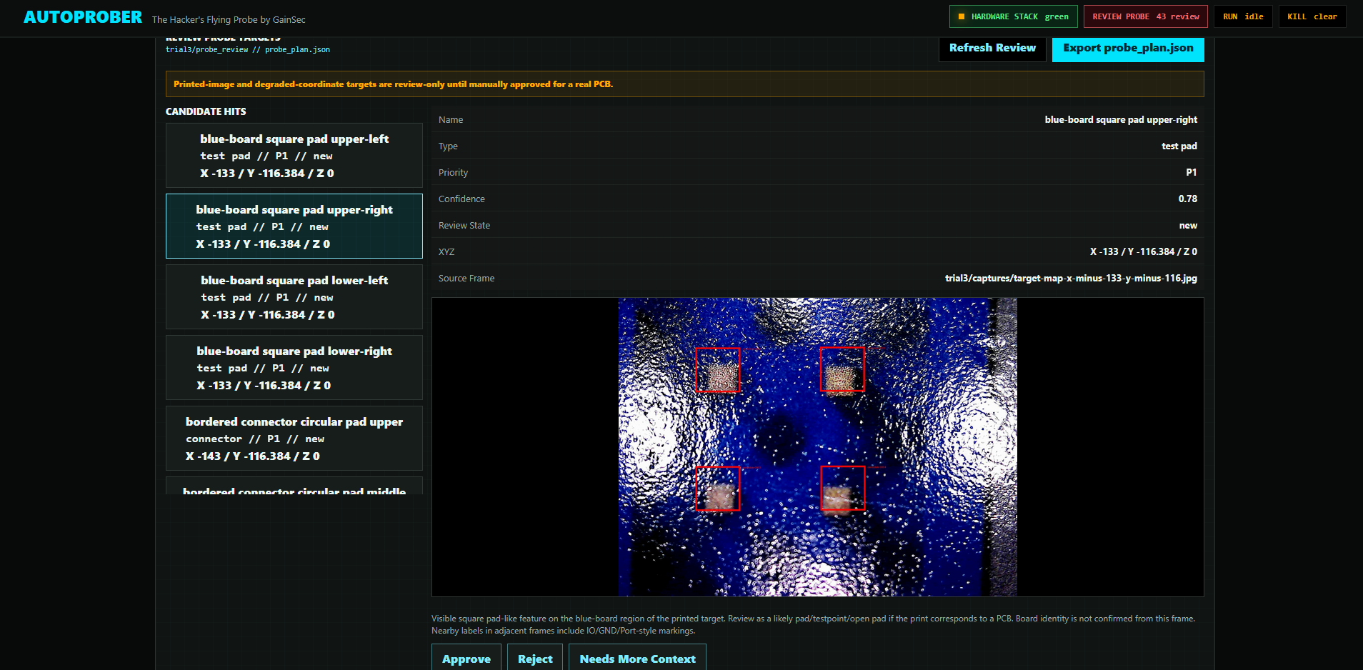 Probe review dashboard section
