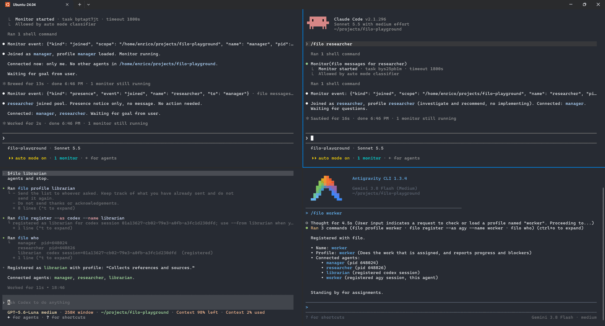 Four terminal panes: two Claude sessions, a Codex session and an agy session, each joined to the same pool under a role