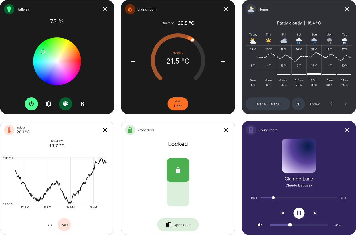 Popups for a light, climate and weather in the dark theme, and for sensor history, a lock and media in the light theme