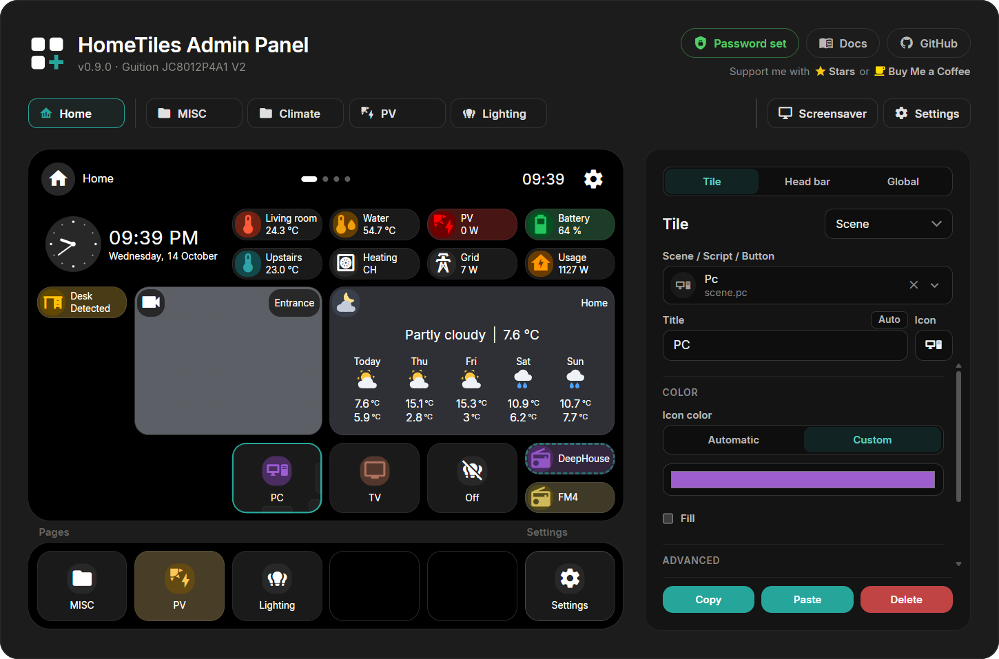 Web Admin with the live preview of the Home page, its page fields and the tile settings