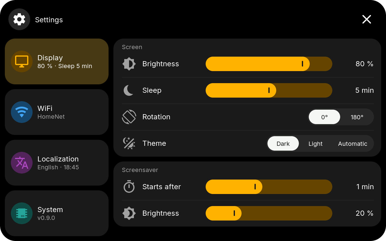 Settings on the display