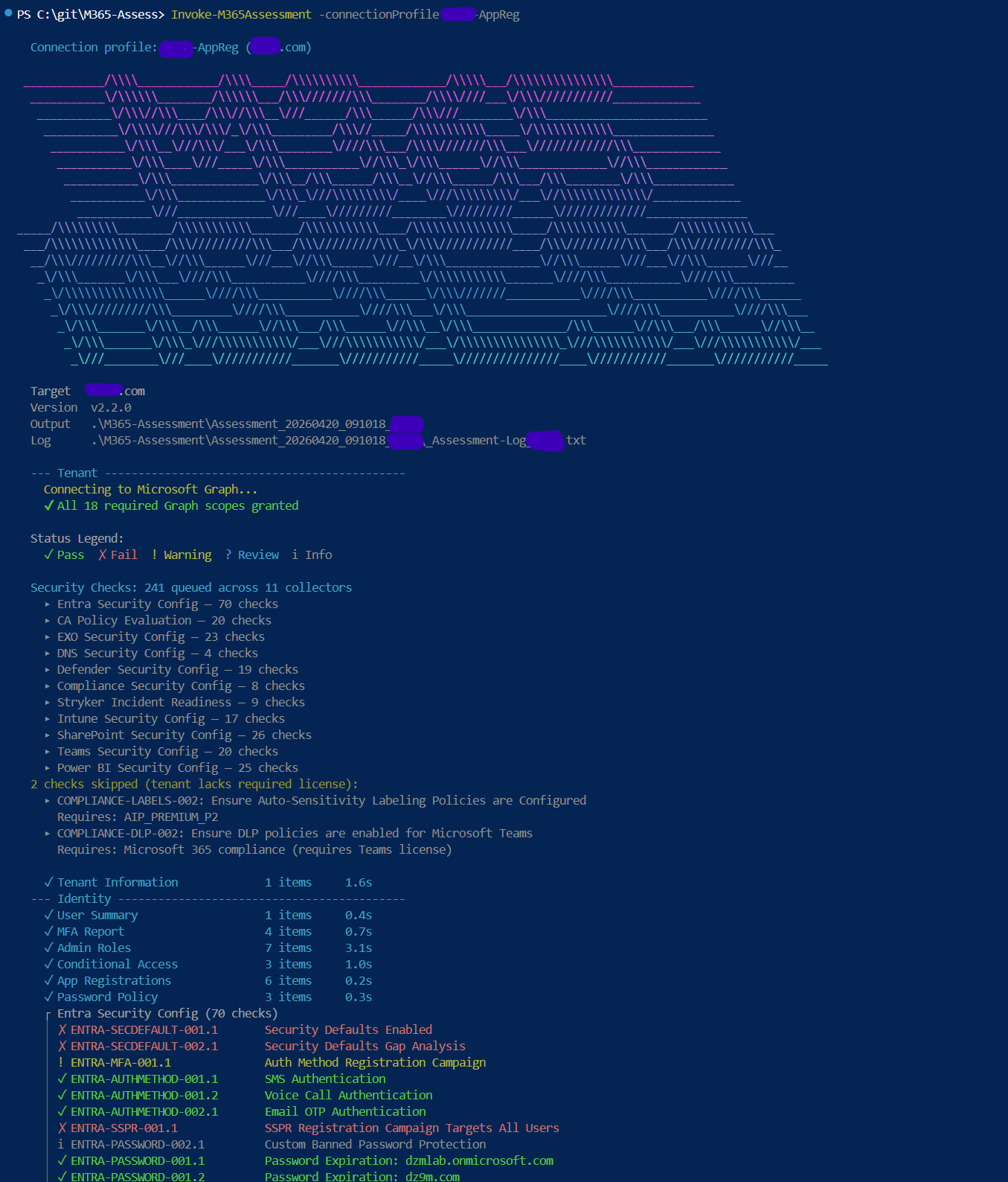 M365 Assess console showing real-time security check progress