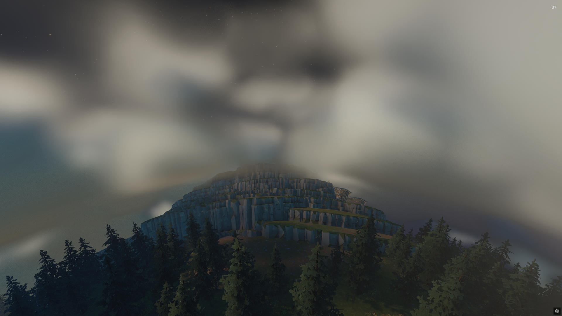 Thick clouds over Timber Hearth obscure distant geyser