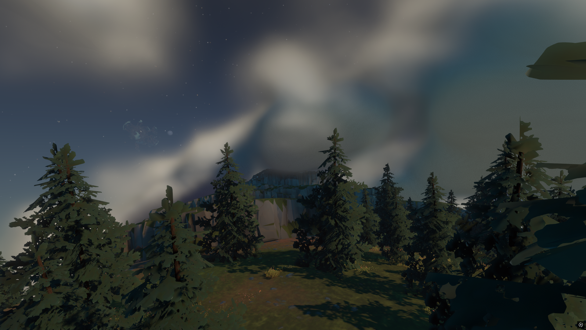 Clouds on Timber Hearth obscure distant geyser
