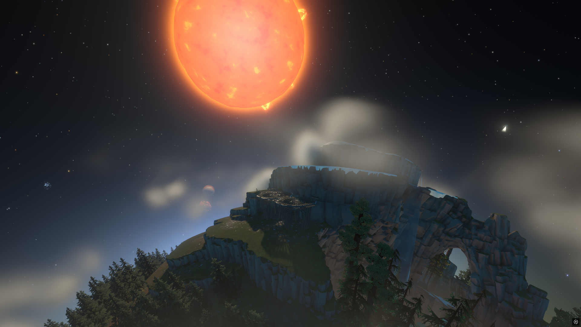 Large white clouds in the sky above the observatory on Timber Hearth