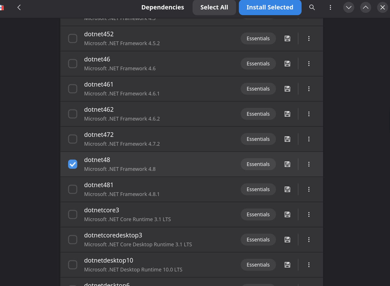 Dependencies list with dotnet48 checked