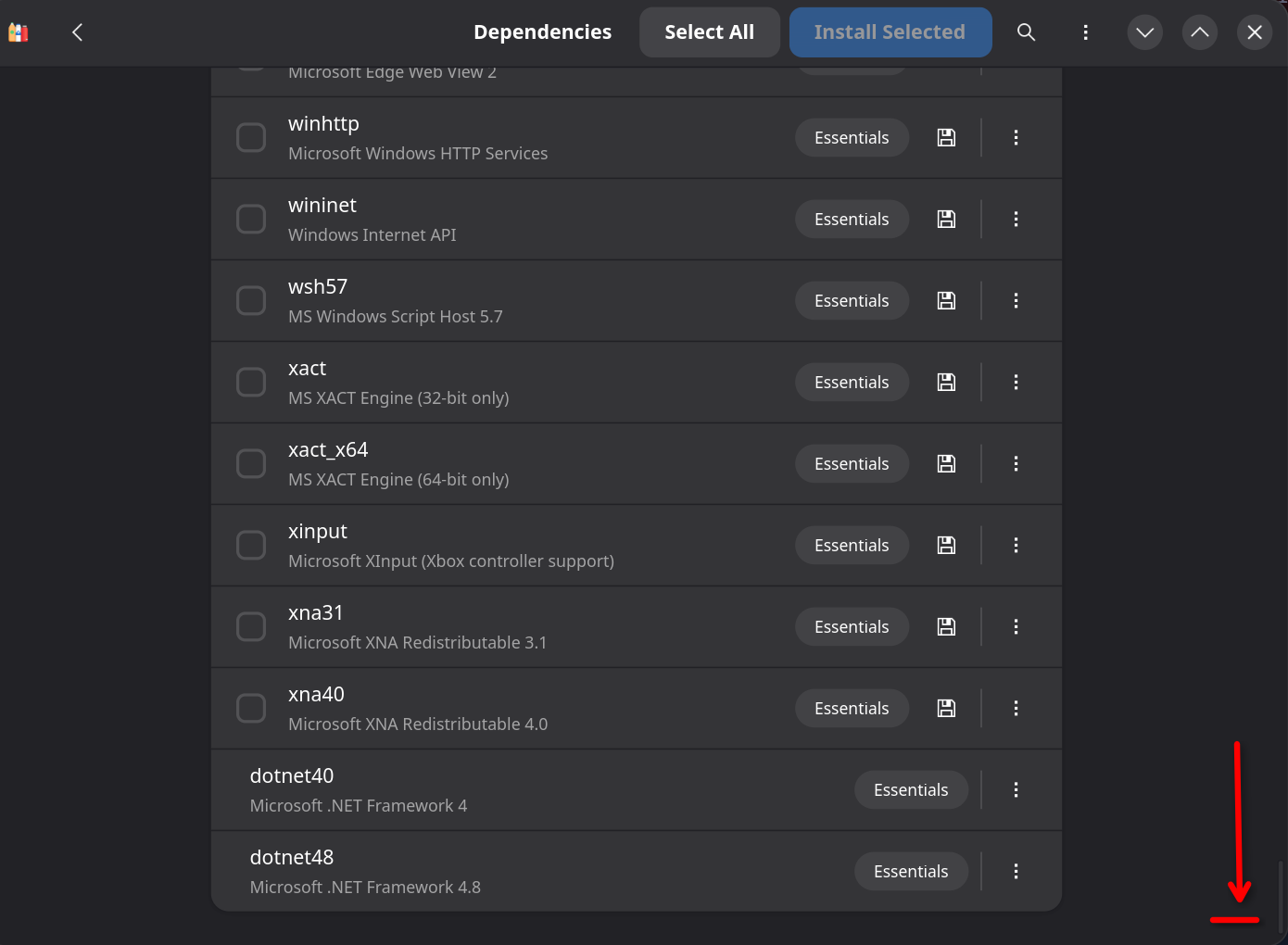 Dependencies list scrolled further
