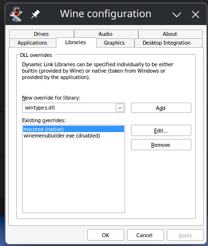 Wine config, Libraries tab
