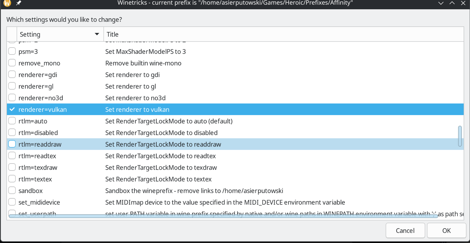 Winetricks, renderer=vulkan checked