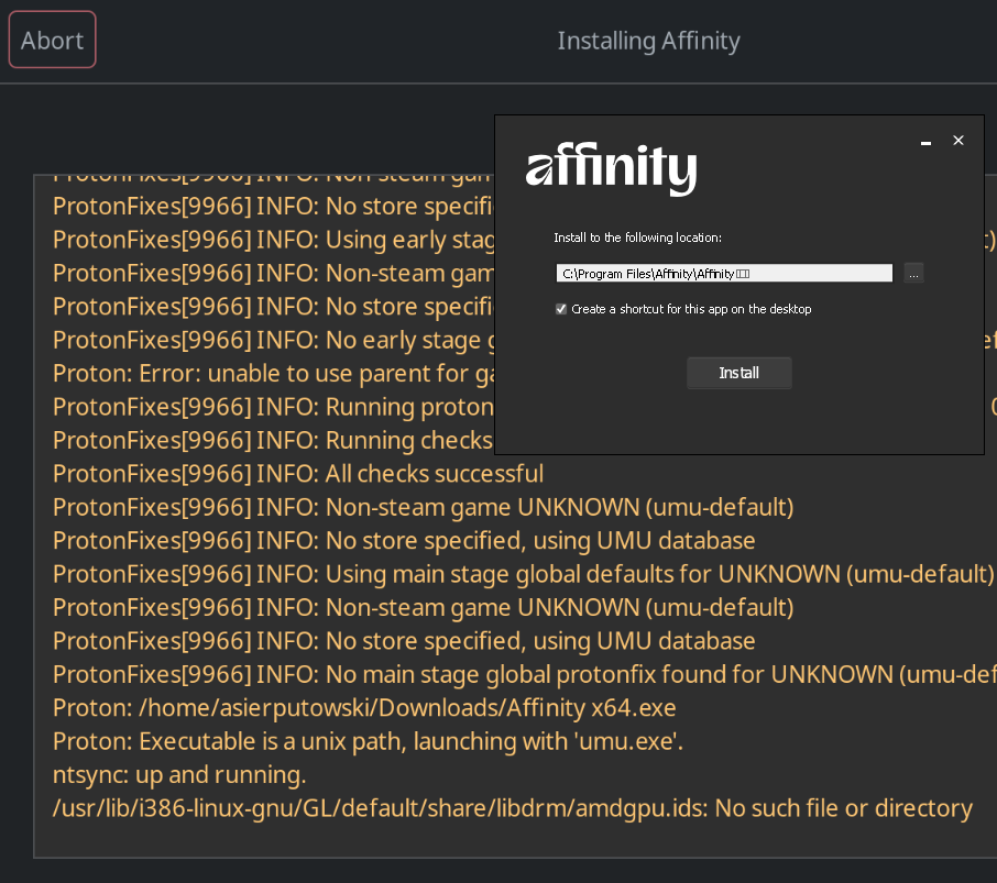 Install log showing ProtonFixes and umu-run strings, evidence Lutris is using GE-Proton instead of the configured runner