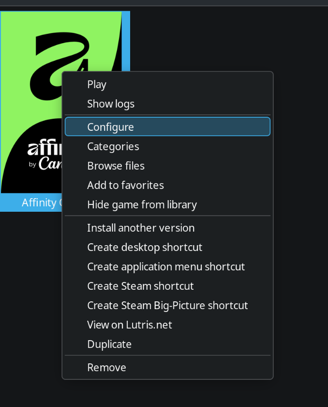 Lutris game context menu with Configure highlighted
