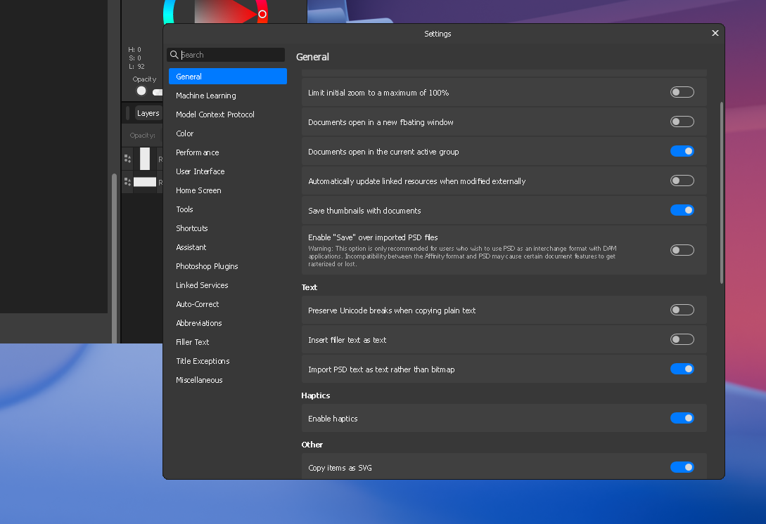 Affinity's Settings dialog open with an entirely blank white content area, before scrolling forces a redraw