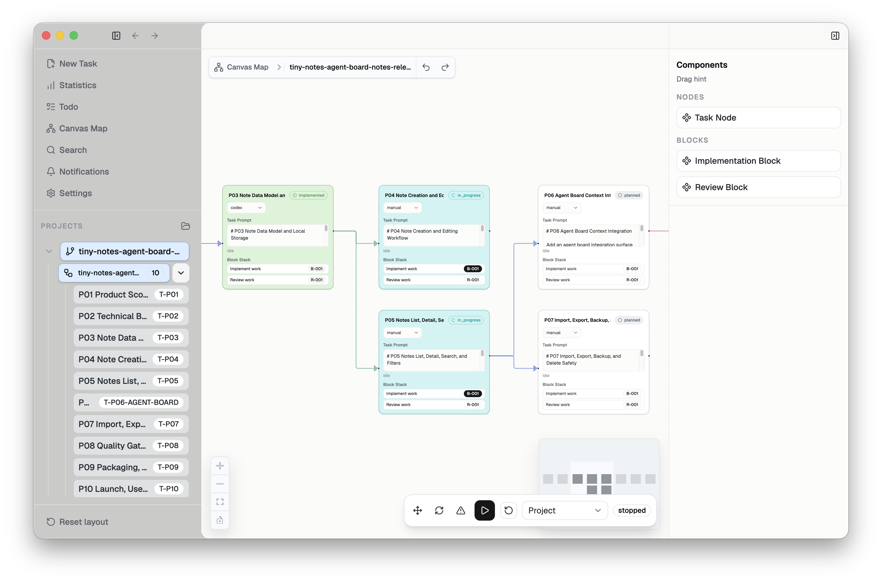 PlanWeave desktop canvas showing an agent task graph with implementation and review blocks.