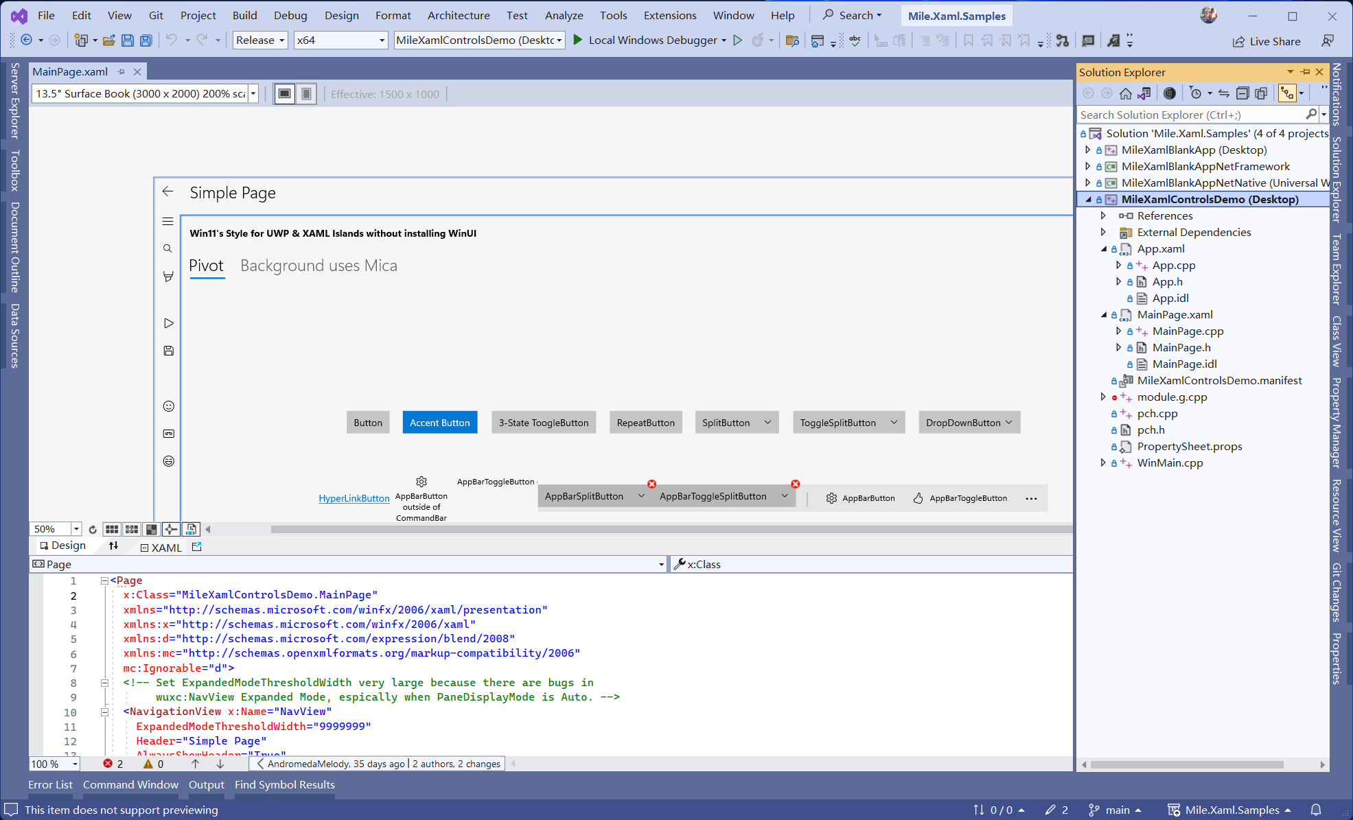 Screenshot for XAML designer support