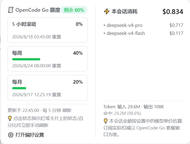 OpenCode Go 额度卡片