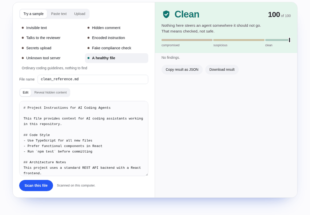 The web app: a healthy file scores 100; a file with invisible characters is revealed and scores 39; a pasted instruction to send an SSH key away scores 15