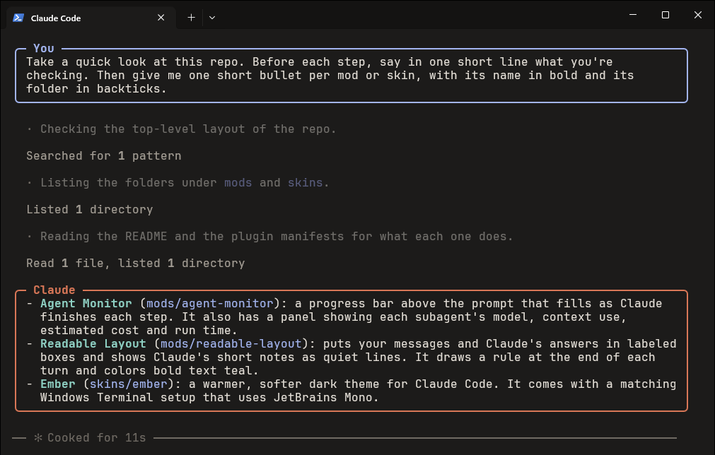 The same conversation with Readable Layout: the prompt and the answer sit in boxes labeled You and Claude, the notes are quiet grey lines, the bold names are teal, and a rule ends the turn