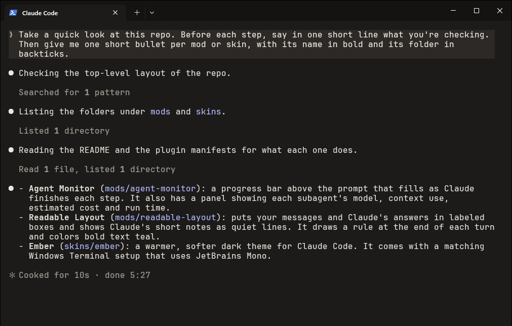 The conversation in stock Claude Code: the prompt, Claude's notes and its answer all start with the same white dot, and the bold names look like normal text