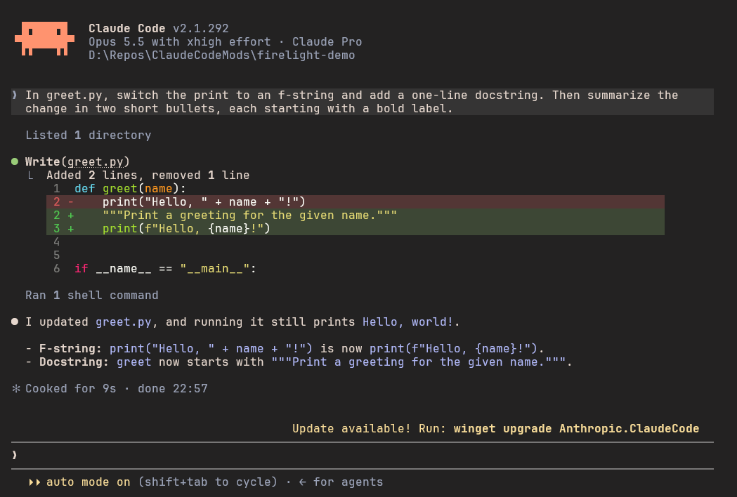 Claude Code with Firelight Coal in Windows Terminal: the prompt on a raised block, an edit with its diff, and a reply with bold labels and inline code, all on Coal's background