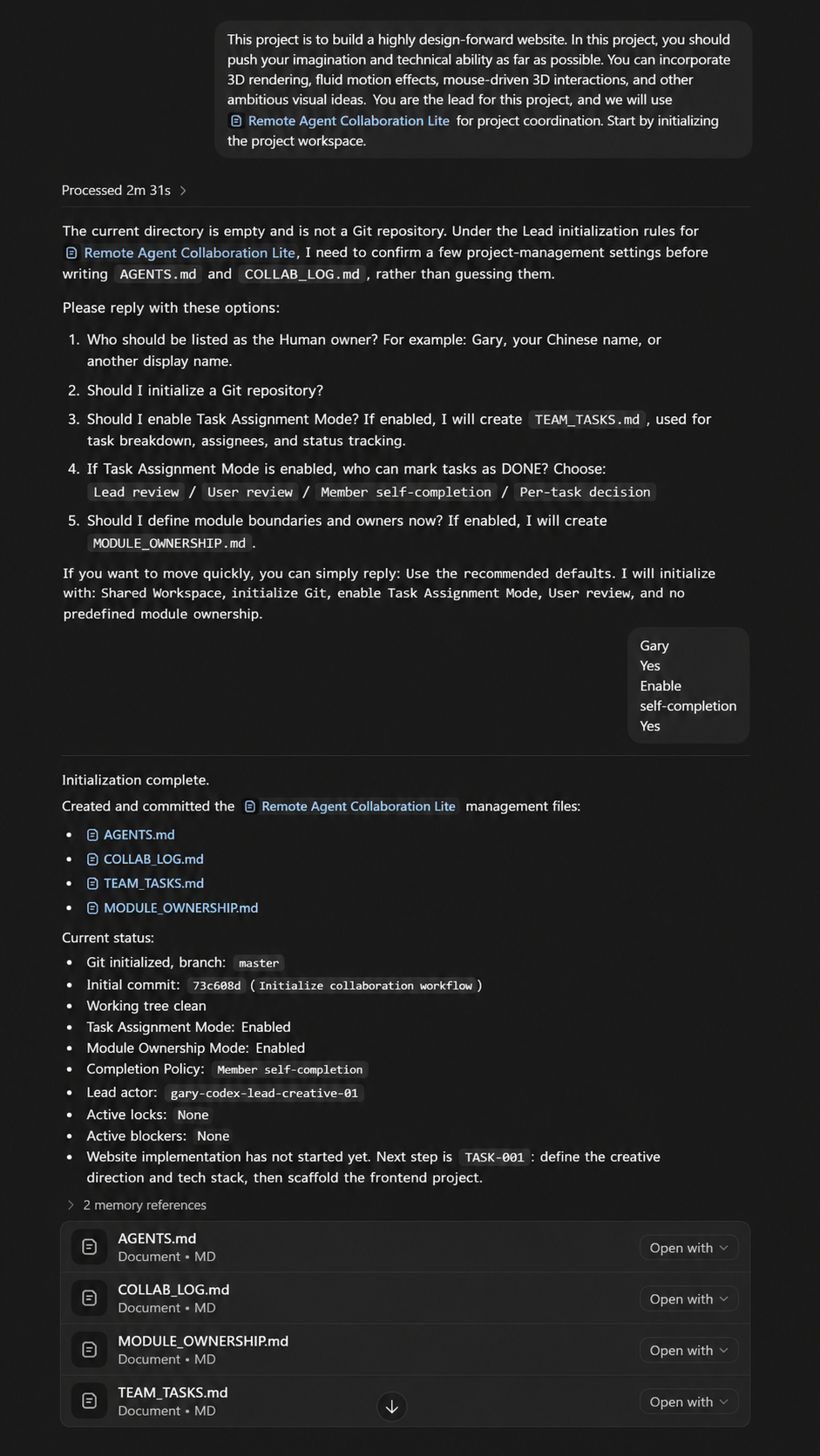 Codex initialization demo showing collaboration files created