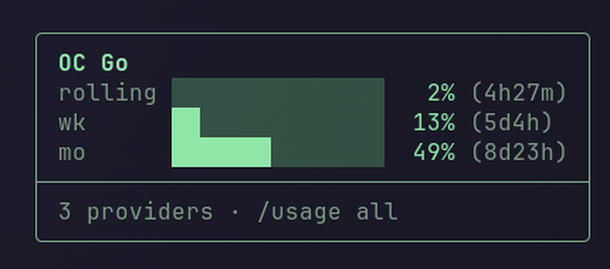 Close-up of the usage card: a bordered panel titled OC Go, with three labelled rows — rolling at 2%, wk at 13% and mo at 49% — each drawn as a bar with its percentage and reset countdown right-aligned