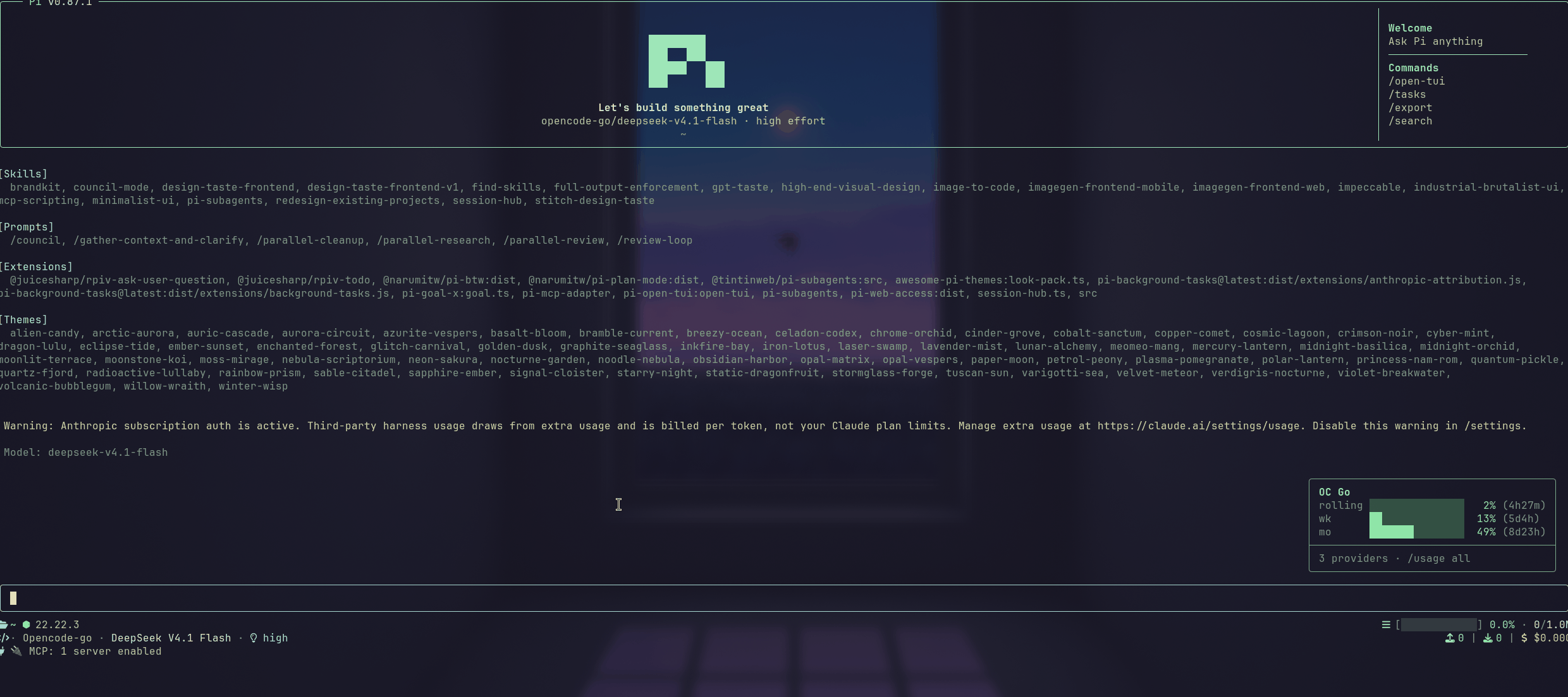 A Pi session with pi-usage-live's usage card docked in the bottom-right corner, showing OpenCode Go's rolling, weekly and monthly quota windows with their reset countdowns